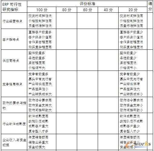 表2 企業(yè)實施ERP可行性研究模型指標打分標準匯總