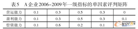 A企業(yè)2006-2009年一級(jí)指標(biāo)的單因素評(píng)判矩陣